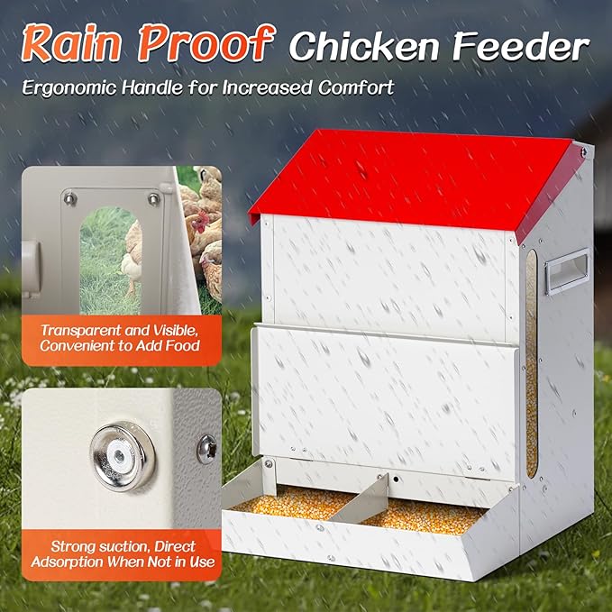 Galvanized Wall Mount Chicken Feeder No Waste Hanging Chicken Feeder with Lid Weatherproof Metal Automatic Poultry Feeder Trough Food Dispenser Mess Free for Duck Geese, Hens, Turkeys Coop