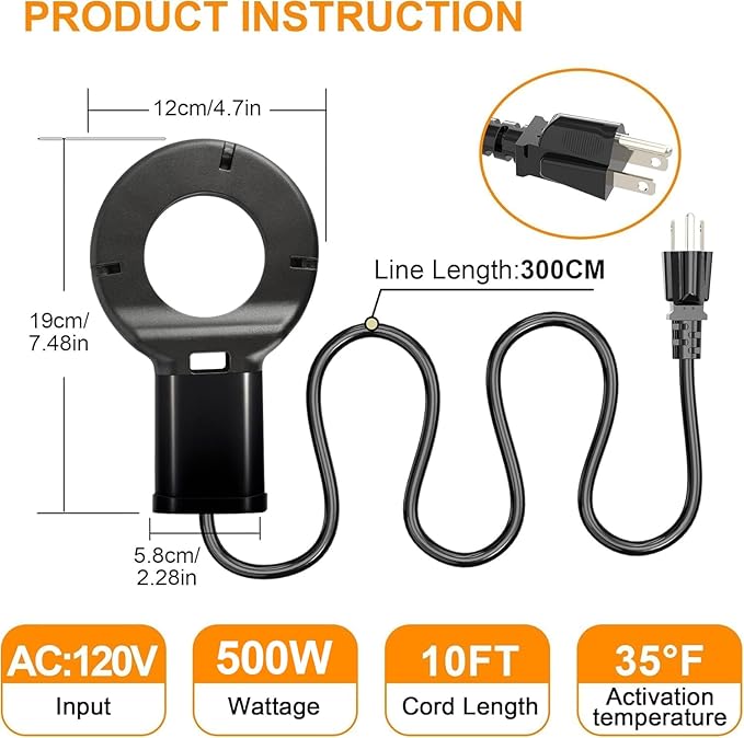 500W Utility De-Icer, Submergible Bird Bath Heater De-icer, Chicken Water Heater, Stock Tank Heater for Livestock Poultry Birds, Cows, Horses, Wildlife Drinkingwith 10FT Power Cord, Black