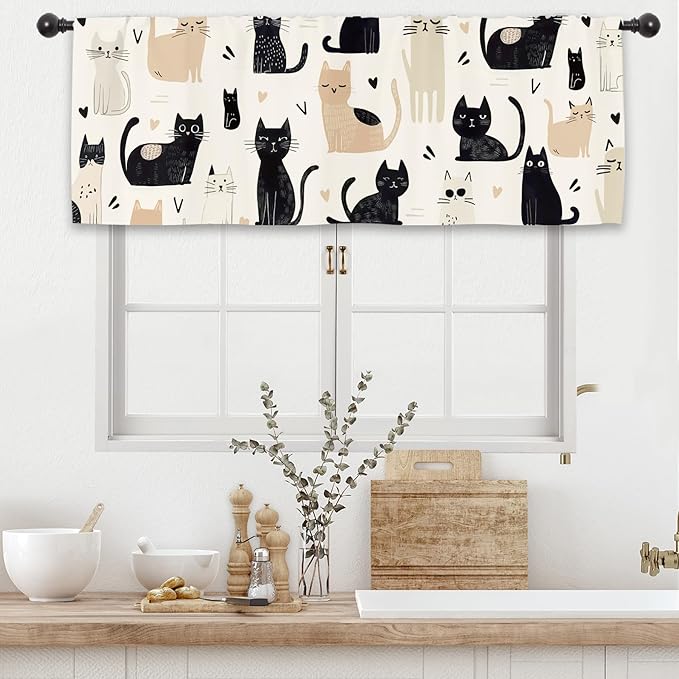 Cute Cartoon Cat Kitchen Curtain Valance 54W x 18L Inch Funny Pet Kitten Animal Rod Pocket Short Cafe Small Window Treatment Drapes Decor