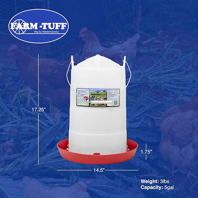 FARM-TUFF Plastic Easy Fill Poultry Waterer, 5 Gallon Capacity – Chicken and Game Bird Water Dispenser – Gravity-Fed Plastic Water Fountain for Hens, Ducks, Turkeys, and Backyard Flocks