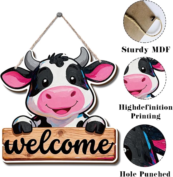 Farmhouse Wall Decor, Cute Cow Welcome Sign, Cartoon Oil Painting Style Wood Hanging Plaque, Rustic Country Wall Art for Kids Room Nursery Kitchen or Barnwood Entryway, 9.9x9.8 Inches