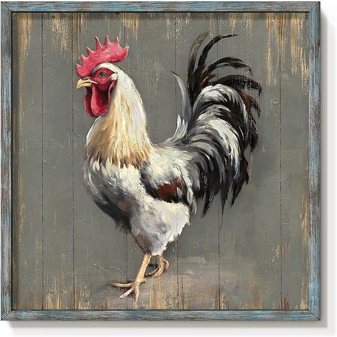 Rooster Wooden Wall Art Decor: Farm Cock Picture Country Animal Framed Artwork Rustic Farmhouse Chicken Painting for the Kitchen Bedroom 12"x12"