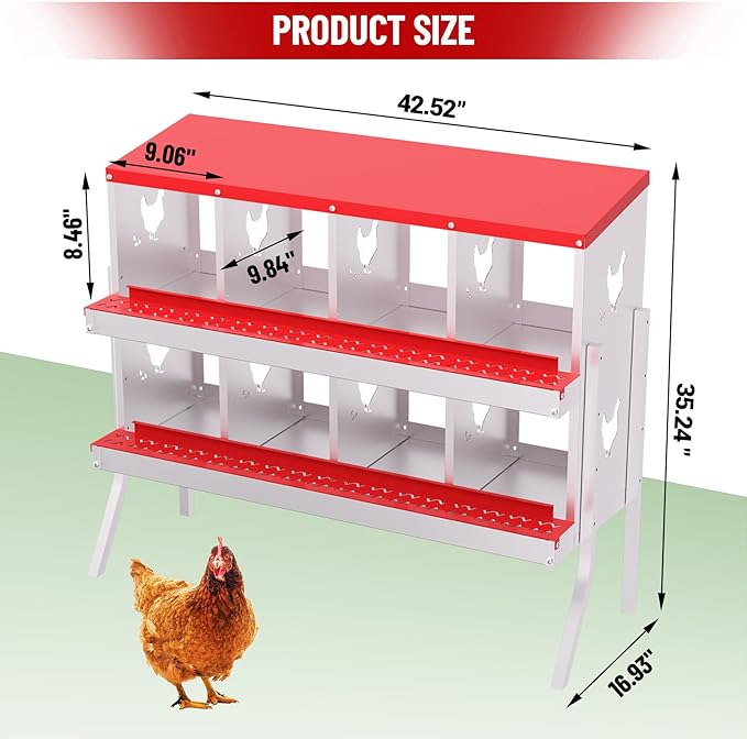 Metal Chicken Nesting Boxes, Heavy-Duty Galvanized Steel Egg Laying Box with 8 Compartments, Rustproof, Easy to Install & Clean, Wall-Mountable Design for Poultry Coops- Red with Stand