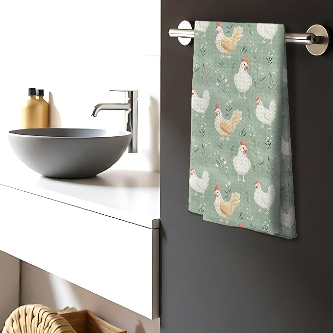 Green Chicken Floral Kitchen Dish Towels for Bathroom Decor, Farmhouse Cottage Core Decor Kitchen Hand Dish Towels Bathroom, Chicken Gifts for Women Mom Lady,16x24 Inch