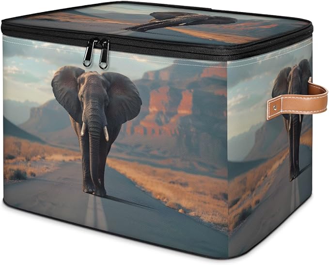 Elephant Storage Bins With Lids Fabric Collapsible Storage Box with Leather Handles for Home Bedroom Foldable Closet Shelf Organizer
