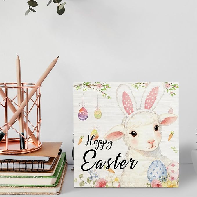 Happy Easter Sheep Wooden Box Sign Desk Decor, Easter Lamb Decor, Spring Floral Egg Sheep Wood Signs for Bedroom Home Office Desk Table Shelf Decorations, 5x5 Inch
