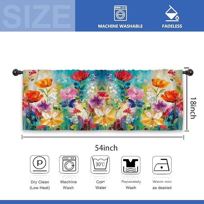 Colorful Flower Kitchen Curtain Valance 54W x 18L Inch Oil Painting Retro Vintage Wildflower Art Rod Pocket Short Cafe Small Window Treatment Drapes Decor