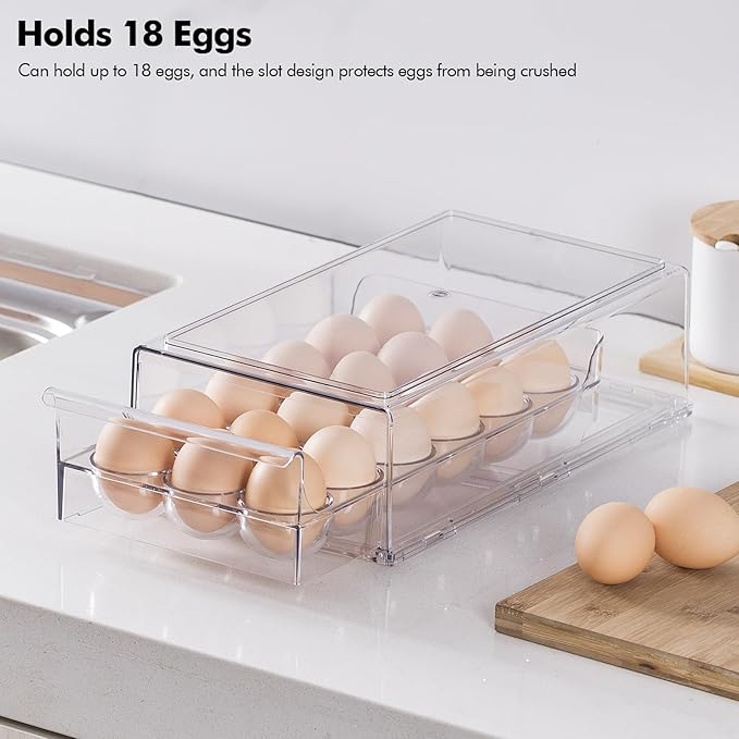 Egg Container for Refrigerator, Stackable Egg Holder, Drawer Type Egg Organizer Holds 18 Eggs – Transparent