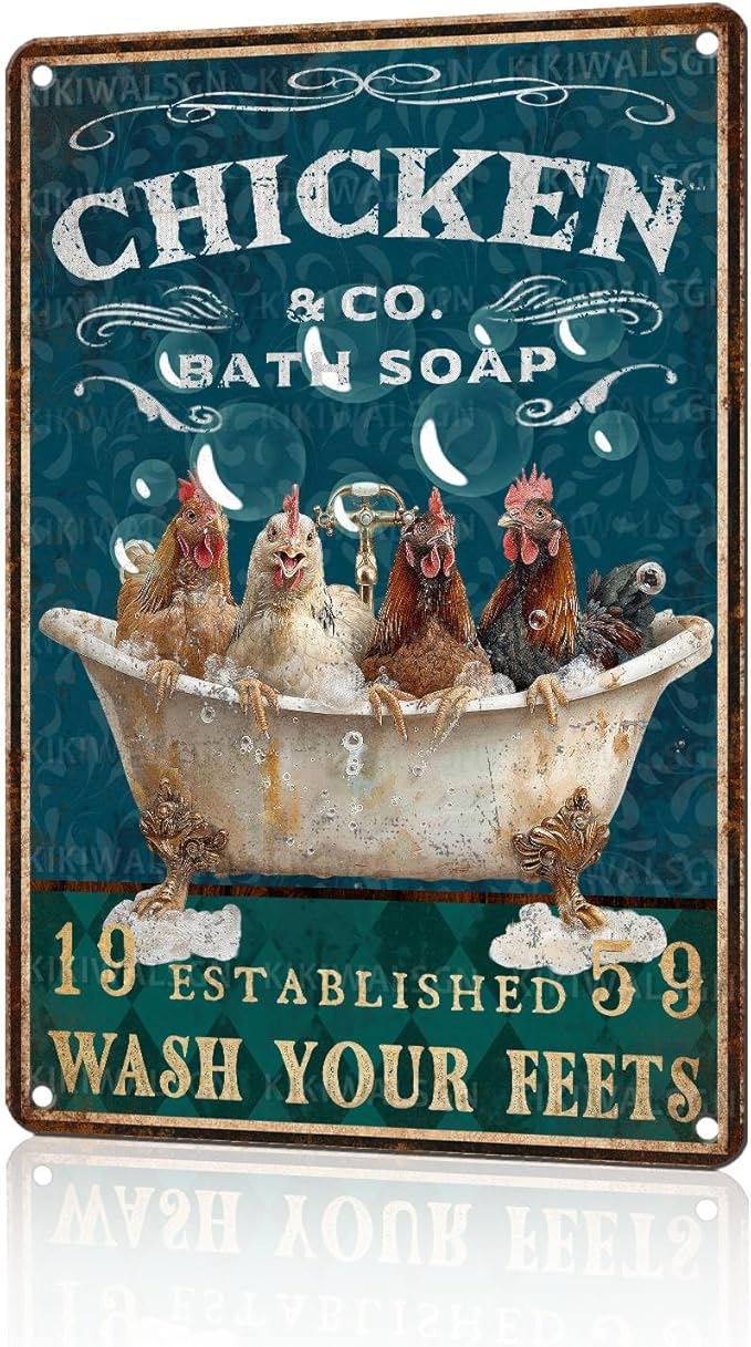 Funny Chicken Bathroom Sign Chicken Coop Metal Decor Wash Your Feets Tin Signs Vintage Wall Art For Home Restroom Washroom Cafe Indoor Kitchen Toilet Farmhouse Bar 12 * 8 In