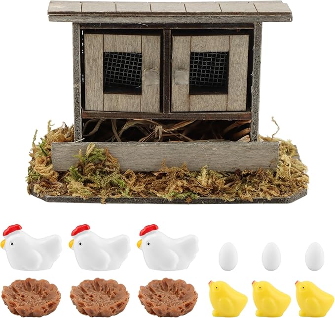 Miniature Chicken Coop Set - 13-Piece Farm Decor Kit with Hens, Chicks, Eggs & Nests for Fairy Gardens, DIY Mini Landscapes & Party Decor