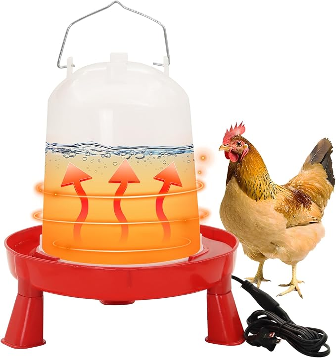 Heated Chicken Waterer 6L Thermostatically Controlled Poultry Water Heater with Overheating Protection, Galvanized Steel Handle Automatic Heated Poultry Drinker for Coop Chickens, Ducks, Geese (Red)