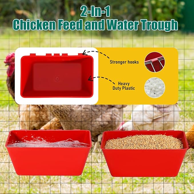 2 Pack Chicken Feeder Waterer,2.5 Quart Hanging Chicken Feeder Trough with Hooks Versatile Feeding Container for Chicken Duck Goose Rabbit Duck Feeder Poultry and Livestock Water Trough（Red）