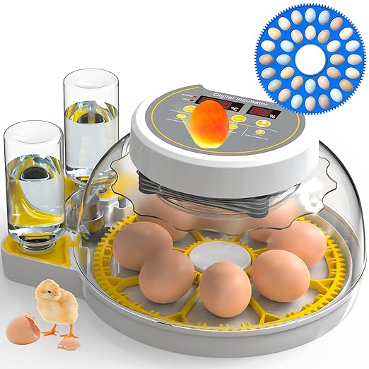Egg Incubators for Hatching Eggs, 8/30 Chicken Egg Incubator with Automatic Egg Turning, Temperature Control & Humidity Display, Egg Candler, Home Use for Chicken, Duck, Quail - 2 Egg Trays Yellow