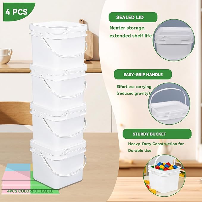 Bucket with Lid - 4 Packs Square Clear Plastic Storage Containers, Food Safe with Handle, Airtight Pressure Lids for Kitchen & Home (White, 34 oz)