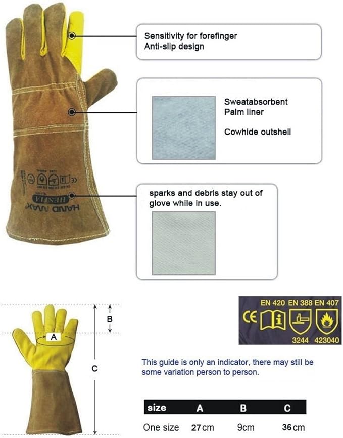Hand Max Versatile Multi Purpose 14inch Cow Gauntlet Leather Kevlar Heat Resistant Gloves