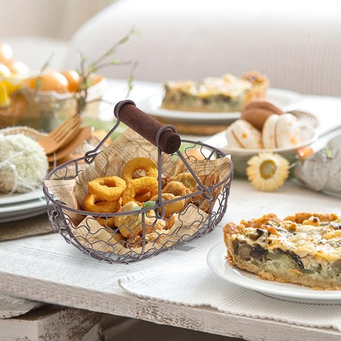 Egg Baskets with Handle, Fruit Vegetables Bread Container,Large Egg Holder for Kitchen, Bread, Fruit, and More - Rustic Farmhouse Style, Black, 7.08 X 4.72 X 4.72 Inches
