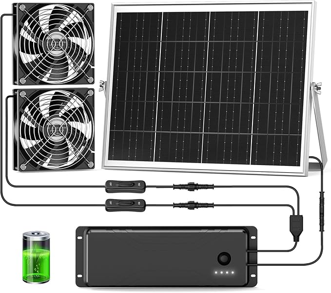 5.5" Solar Fan with Battery, 30W Solar Powered Rechargeable Fan Outdoor Waterproof, 18600 mAh Battery Operated Exhuast or Intake Fans, for Chicken Coop Greenhouse Dog Shed Ventilation Cooling