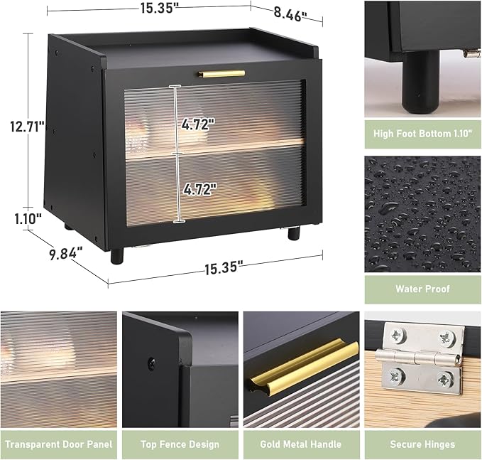 Garvee Double Layer Bread Box for Kitchen Countertop – Farmhouse Bread Storage Container with Window, Large Capacity Bamboo Bread Holder for Homemade Bread, Rolls & Muffins (Black & Gold)