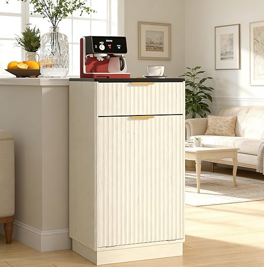 Woodgrain Tilt Out Trash Can Cabinet 13 Gallon, Hidden Kitchen Garbage Can with Drawer, Pull-Out Recycling Bin, Farmhouse Laundry Hamper Organizer (Ancient White)