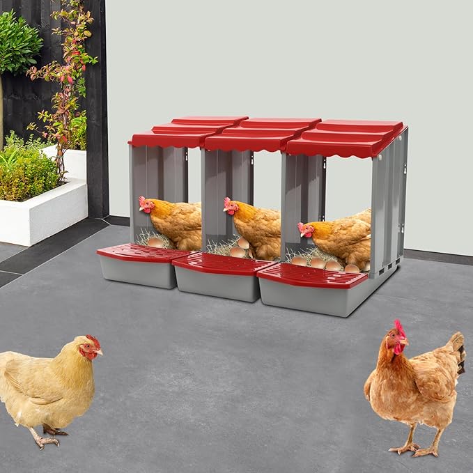 Chicken Nesting Boxes 3 Compartment PP Nesting Box with Inclined Nesting Boxes & Vented Holes Wall Mount Chicken Laying Boxes for Chicken Coop (Red)