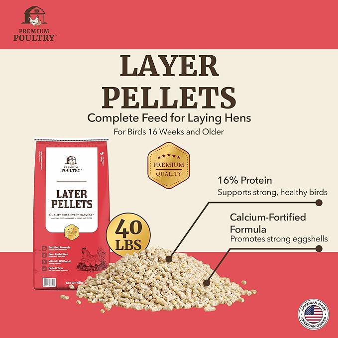 Layer Pellets Chicken Feed, 16% Protein with Pre and Probiotics for Laying Hens, Supports Digestion & Egg Production, 40 Pounds