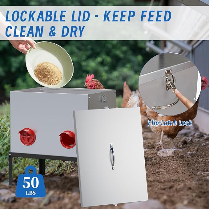50LB Large Automatic Chicken Feeder,6 Port Large Metal Chicken Feeders,with Raise The Base Frame,Waterproof Galvanized Steel Poultry Feeder with Locking Lid for Chicken Coop