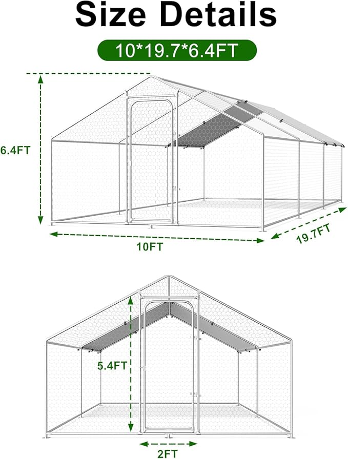 Large Metal Chicken Coop Walk-in Poultry Cage with Waterproof and UV-Resistant Cover, Outdoor Chicken Run Poultry Spire Roof Hen House for Backyard Farm Use, Spire Roof(10’ W x 19.7’ L x 6.4’ H)