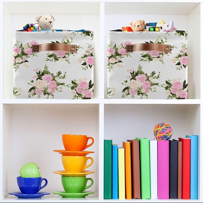 JIPONI Watercolor Pink Roses Fabric Storage Bins for Shelves, Decorative Storage baskets for organizing, Closet Organizer with Handle for Cloth, Toys, Bedrooms