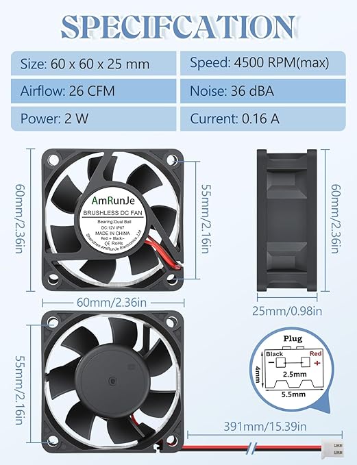 2 Packs IP67 60mm x 25mm 12v 2pin Small Cooling Fan Dual Ball Bearing Brushless High Speed for RV Refrigerator, Tarrarium, Computer case, Solar Battery Box