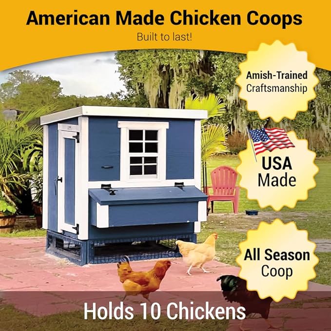 OverEZ Coastal Medium Chicken Coop for up to 10 Chickens - Nesting Box - Large Bird, Poultry and Hen House, Made in USA