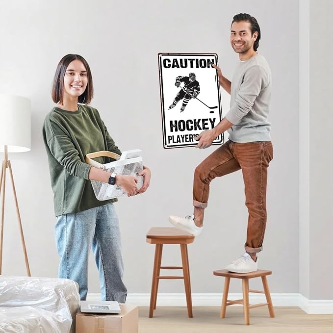 Hockey Metal Tin Sign Caution Hockey Player's Room Vintage Sign for Man Cave Decor Sports Wall Decor Hockey Party Decorations Hockey Fans Sign Front Door Sign 8X12Inch