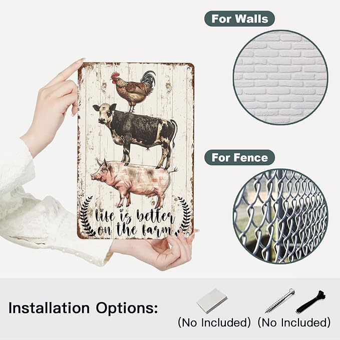 Rustic Farm Animals Metal Sign Vintage Style Life is Better on the Farm Wall Decor for Farmhouse Gift 12 * 8in