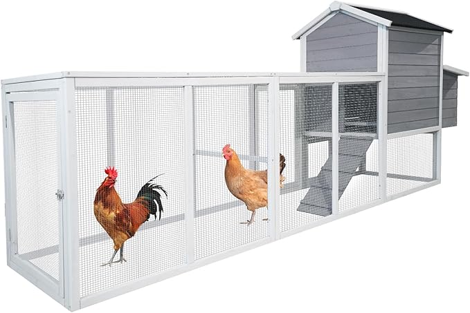 Large Outdoor Chicken Coop, Durable Wooden Hen House with Run & Nesting Box, Anti-UV Waterproof Roof, Sliding Door & Ramp for Backyard Small Animals, Gray