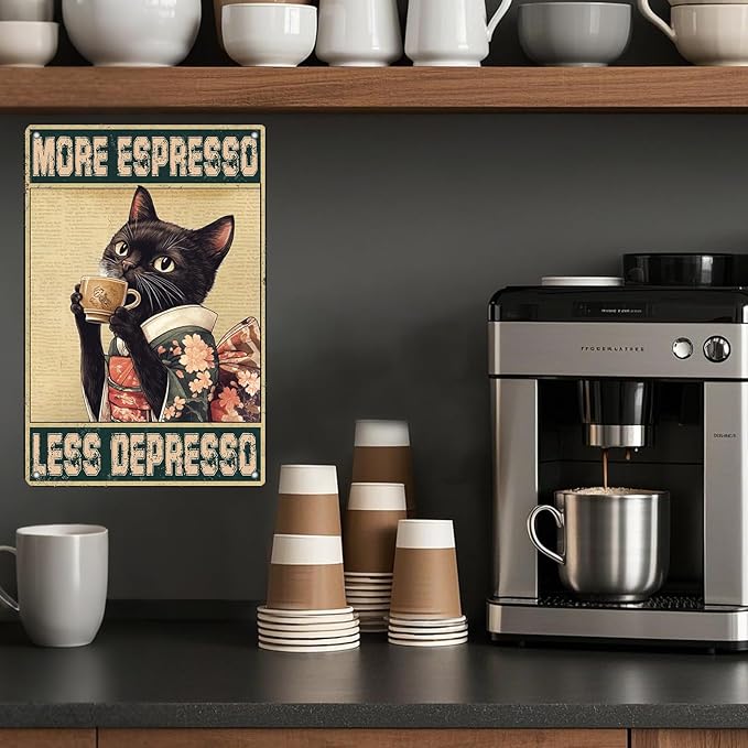 Coffee Cat Metal Signs More Espresso Less Depresso Tin Sign Kimono Cat Home Kitchen Wall Decor Bathroom Bedroom Office 12x8 Inch
