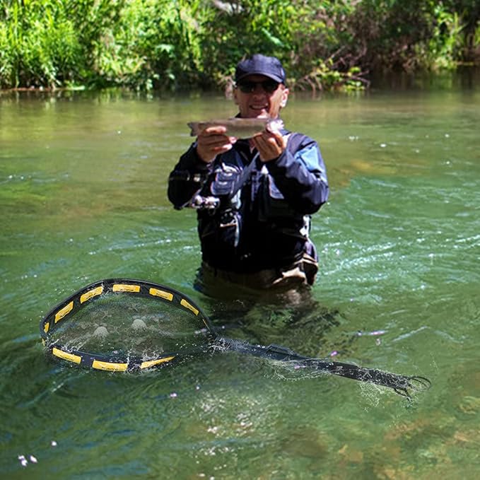 PLUSINNO Fishing Net Fish Floating Landing Net, Kayak Nets with Fixed Foldable Telescopic Pole Handle, Bass Trout Fishing Nets with Nylon Mesh for Pond Lake River, Fishing Gear Gifts for Men Anglers