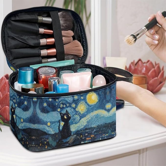 Black Cat Starry Night Print Travel Makeup Bags for Women Portable Tote Cosmetic Case with Carry Handle Toiletry Accessories Storage Organizer Bags