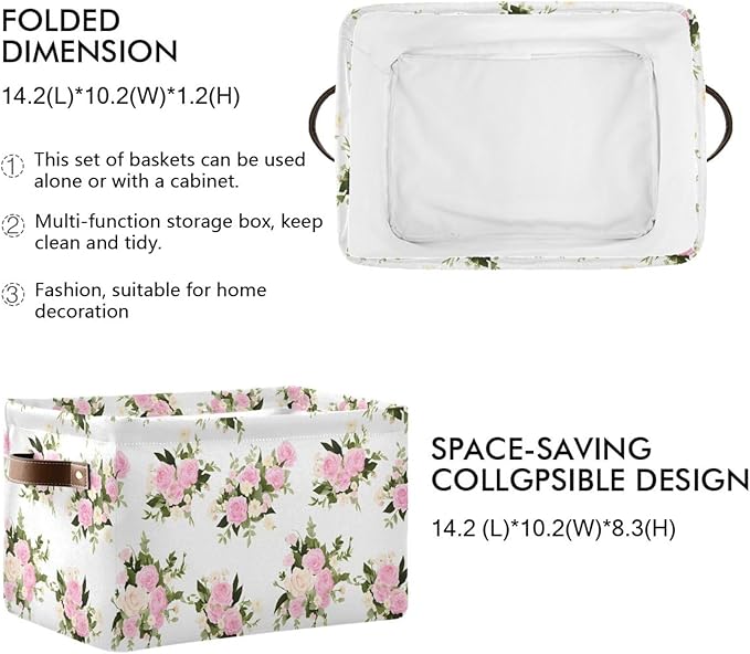 JIPONI Watercolor Pink Roses Fabric Storage Bins for Shelves, Decorative Storage baskets for organizing, Closet Organizer with Handle for Cloth, Toys, Bedrooms