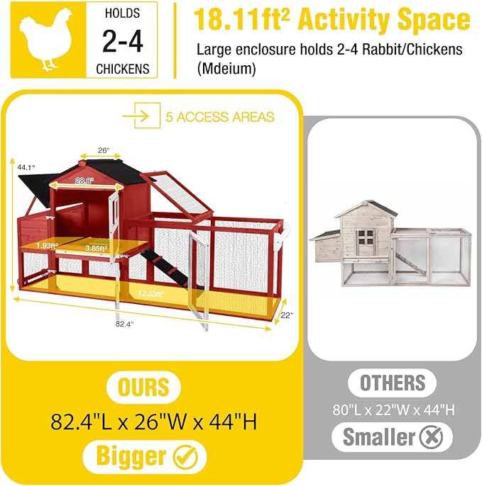Aivituvin Mobile Chicken Coop with Wheels for 4-6 Chickens, Backyard Expandable Chicken House Duck Cage with Run, 2 Nesting Boxes, Easy Clean Pull-Out Tray, Leak-Resistant Asphalt Roof, 82.4"(Red)