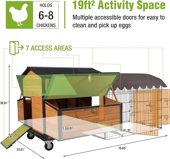 GUTINNEEN Mobile Chicken Coop Upgraded with All Arounded Metal Frame Large Hen House with Super Large Wheels for 6–8 Chickens, 6 Nesting Boxes, Metal Run, 76.7" L