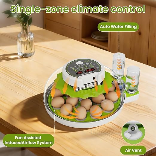 18-Egg Incubator with Automatic Egg Turning & Humidity Control, HD Panoramic View, Built-in Candler for Hatching Chicken, Duck, Quail Eggs Farms, Science Labs, Classroom, Home Use