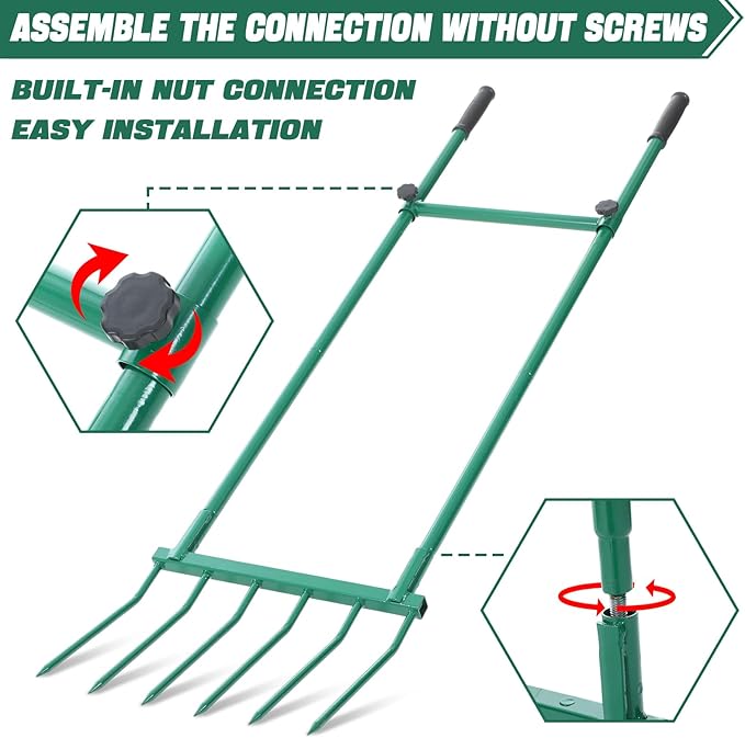 Zonon Heavy Duty Garden Broadfork 59" Steel Long Dual Handle Pitch Fork 16" Wide Broadfork 6 Steel Tines U-Shaped Hand Tiller Broad Fork for Farm and Garden Soil Loosening Weeding Composting Aeration