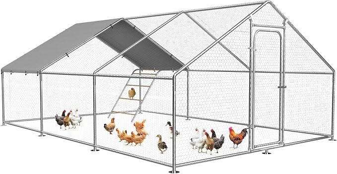 Large Metal Chicken Coop Run with Roosting Perch, Outdoor Waterproof & UV-Resistant Cover for Chickens, Ducks, Rabbits, and Hens in Yard or Farm Use Spire Roof (13.1'Wx19.7'Lx 6.5'H)