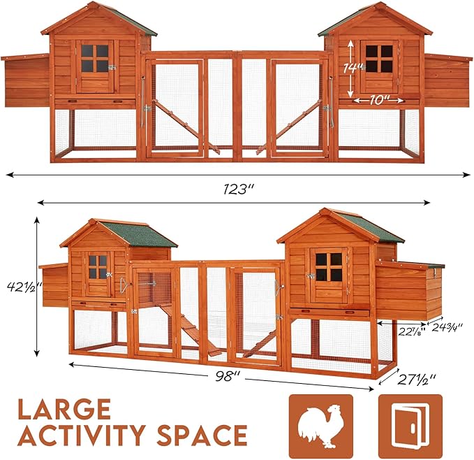 U-MAX Large Chicken Coop with Run, 123" Wooden Chicken Coop 4-6 Chickens, Outdoor Hen House with Run & Removable Trays, Outdoor Hen Fence Poultry Pet Cage for Backyard, Natural Wood