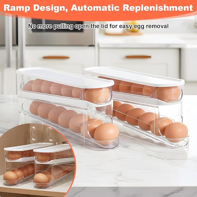 Egg Holder for Fridges 2 Pack, Auto Rolling Fridge Egg Carton 14 Grid Space Saving Clear Eggs Storage Box Eggs Dispenser Rolls Stackable Container with Lid for Fridge and Kitchen Cabinet