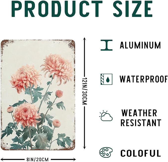 Flowers Metal Signs Chrysanthemum Sign Vintage Tin Sign Retro Wall Art Decor for Living Room Bedroom Garden Yard Shop Bar 8×12 Inches