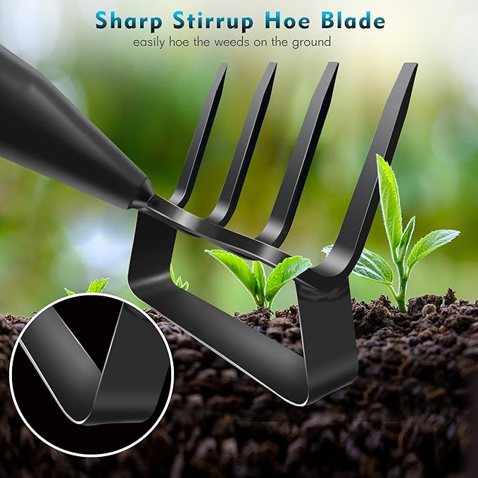 Hoe Garden Tools, 51Inch Gardening Tools for Weeding, Heavy Duty Stainless Steel 4 Tine Hand Garden Rake Cultivator, for Flower Beds, Patio, Garden Loosening Soil Weeding Digging