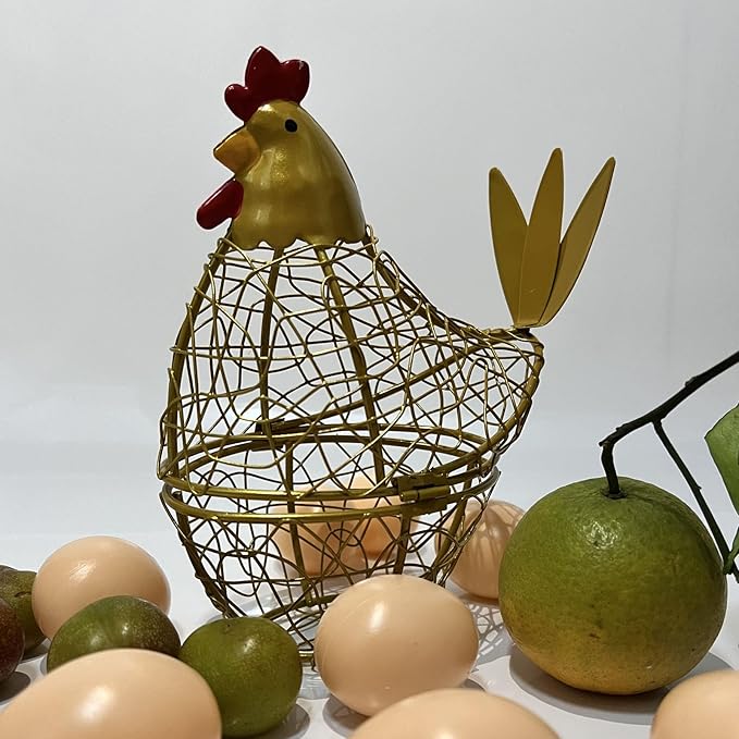 Wire Chicken Egg Basket for Desktop Decorative Ornaments,Egg Holder Chicken Shape Metal Egg Basket for Kids Gathering Fresh Eggs Farmhouse Rooster Wire Basket for Kitchen Countertop Decoration (Gold)