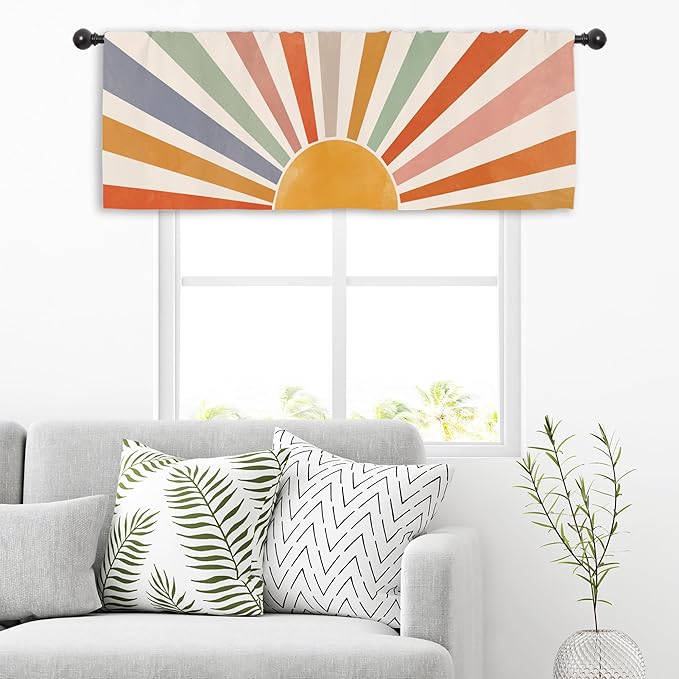 Miyotaa Sun Pastel Kitchen Curtain Valance 54W x 18H Rod Pocket Vintage Retro Colorful 70s Sunrise Sunset Window Treatment for Living Room Bedroom Bathroom Party