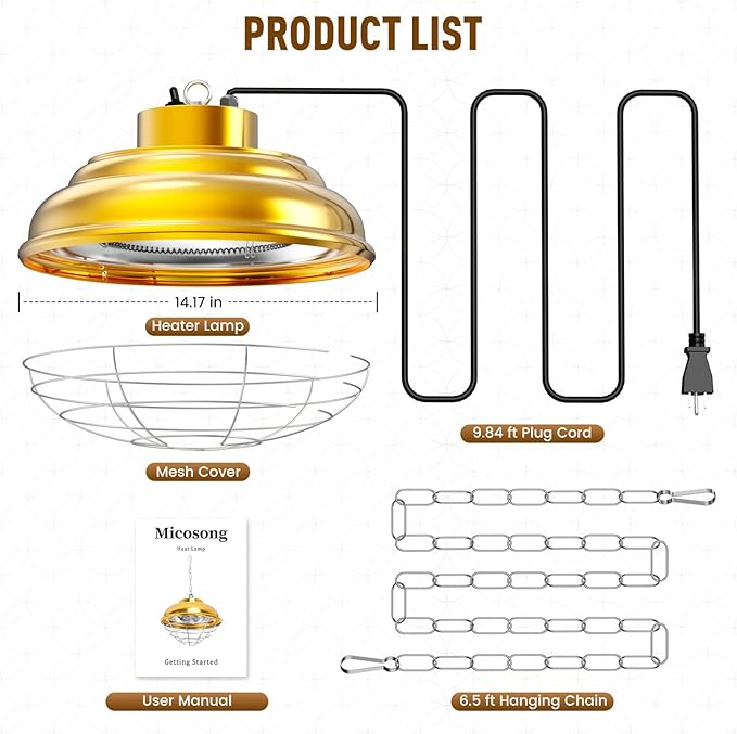 600 Watt Large Heat Lamp for Chicken Coop, Hanging Chicken Coop Heater, Carbon Fiber Bulb Waterproof Coop Heater with 2 Heating Levels, Chicken Warmer Lamp for Indoor Poultry Pet Livestock Greenhouse