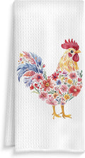Rustic Floral Rooster Kitchen Towels, Gifts for Chicken Lovers Dish Tea Towels, Farmhouse Flower Chicken Decorative Hand Towel for Bathroom Kitchen, 16x24 Inch